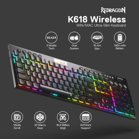 Teclado Redragon Horus K618‑RGB black SP